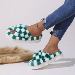 Plaid Pattern Fuzzy Slippers Slide Sandals