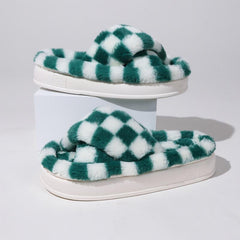 Plaid Pattern Fuzzy Slippers Slide Sandals