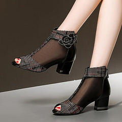 Floral Mesh Chunky Heel Ankle Boots Solid Sandals