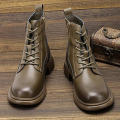 Women's Chunky Heel Lace-Up Side Zipper Leather Boots