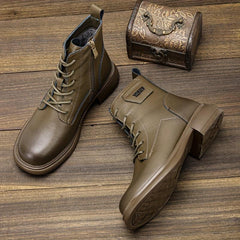 Women's Chunky Heel Lace-Up Side Zipper Leather Boots