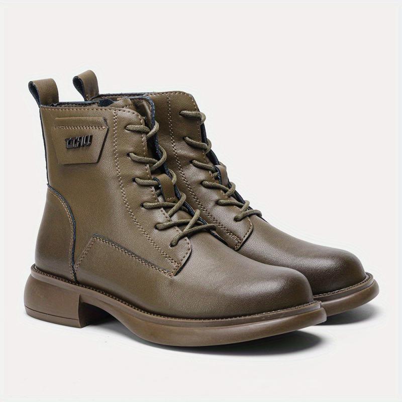 Women's Chunky Heel Lace-Up Side Zipper Leather Boots