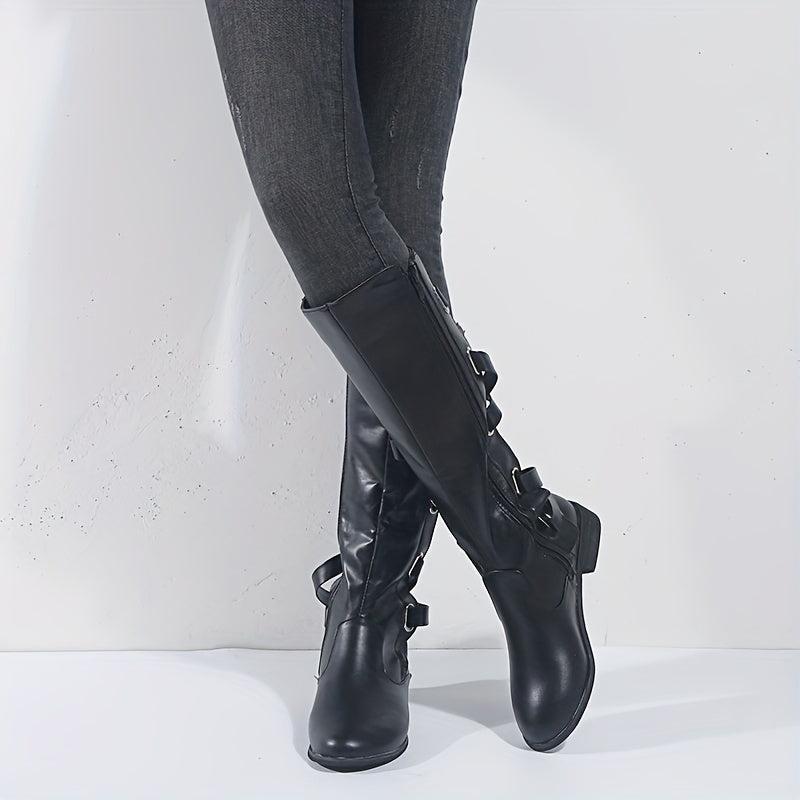 Women's Flat Knee High Boots Back Lace Up Cross Strap Side Zipper Long Boots