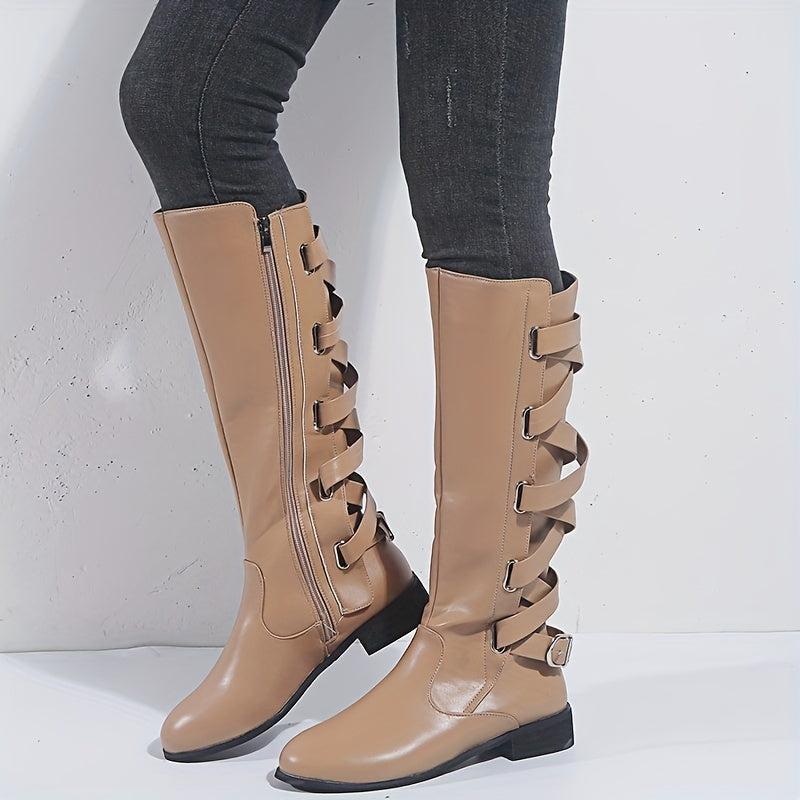 Women's Flat Knee High Boots Back Lace Up Cross Strap Side Zipper Long Boots
