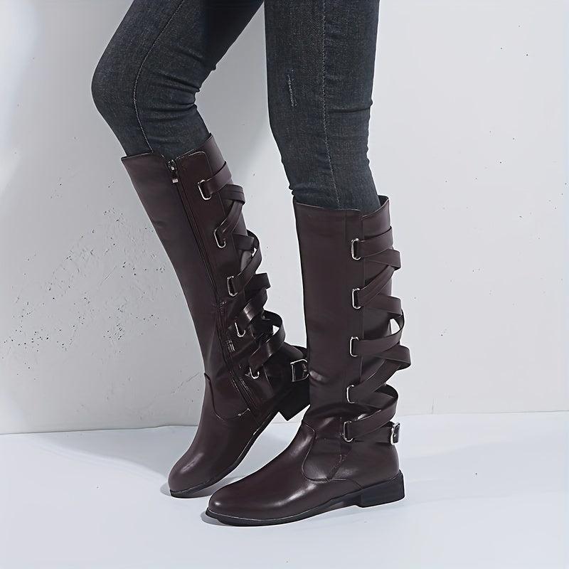 Women's Flat Knee High Boots Back Lace Up Cross Strap Side Zipper Long Boots