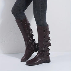 Women's Flat Knee High Boots Back Lace Up Cross Strap Side Zipper Long Boots