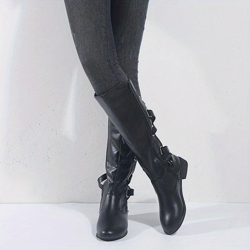 Women's Flat Knee High Boots Back Lace Up Cross Strap Side Zipper Long Boots
