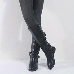 Women's Flat Knee High Boots Back Lace Up Cross Strap Side Zipper Long Boots