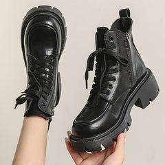 Chunky Heeled Combat Boots Lace Up & Side Zipper Women's Ankle Boot