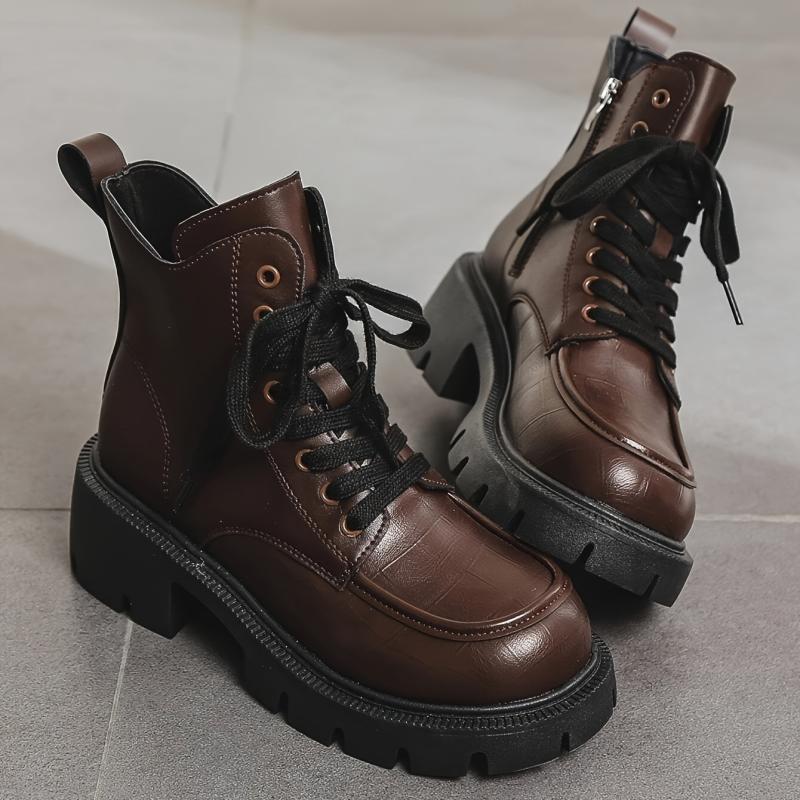 Chunky Heeled Combat Boots Lace Up & Side Zipper Women's Ankle Boot