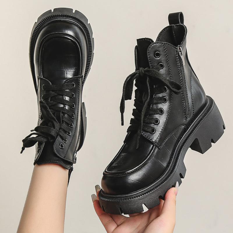 Chunky Heeled Combat Boots Lace Up & Side Zipper Women's Ankle Boot