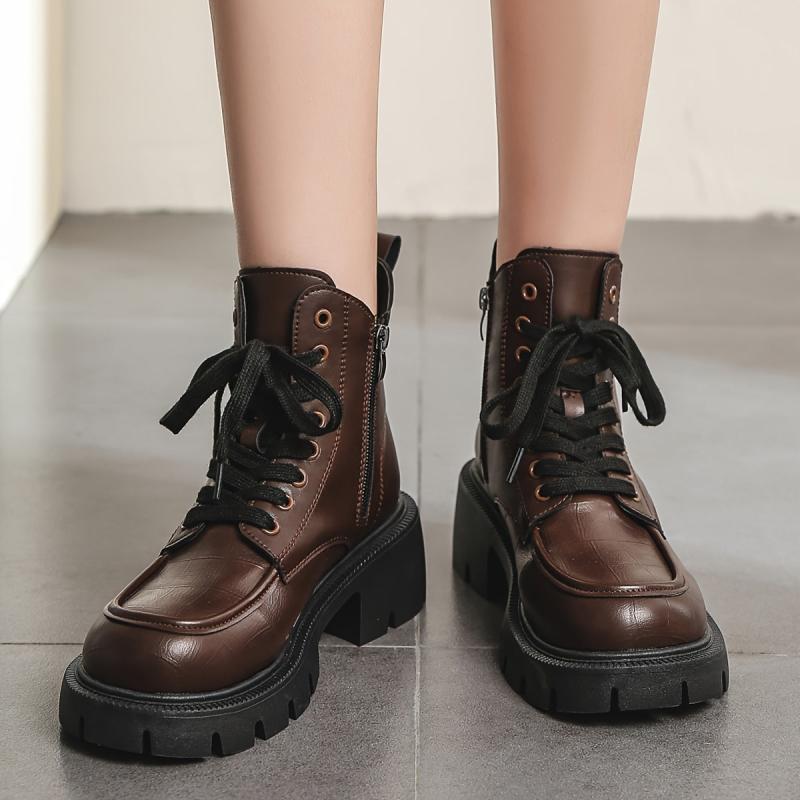 Chunky Heeled Combat Boots Lace Up & Side Zipper Women's Ankle Boot