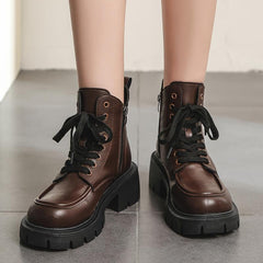 Chunky Heeled Combat Boots Lace Up & Side Zipper Women's Ankle Boot
