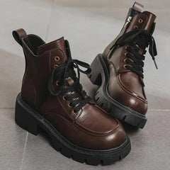 Chunky Heeled Combat Boots Lace Up & Side Zipper Women's Ankle Boot
