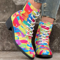 Women's Chunky Heel Lace-Up Canvas Ankle Boots