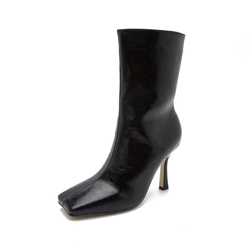 Stiletto Heel Mid Calf Boots Square Toe PU Leather High Heel Booties