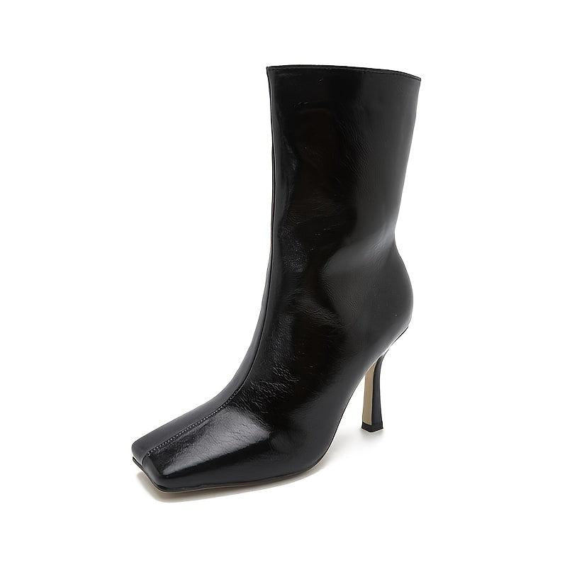 Stiletto Heel Mid Calf Boots Square Toe PU Leather High Heel Booties