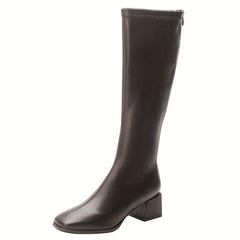 Women's Square Toe Knee High Boots Back Zip Chunky Heels