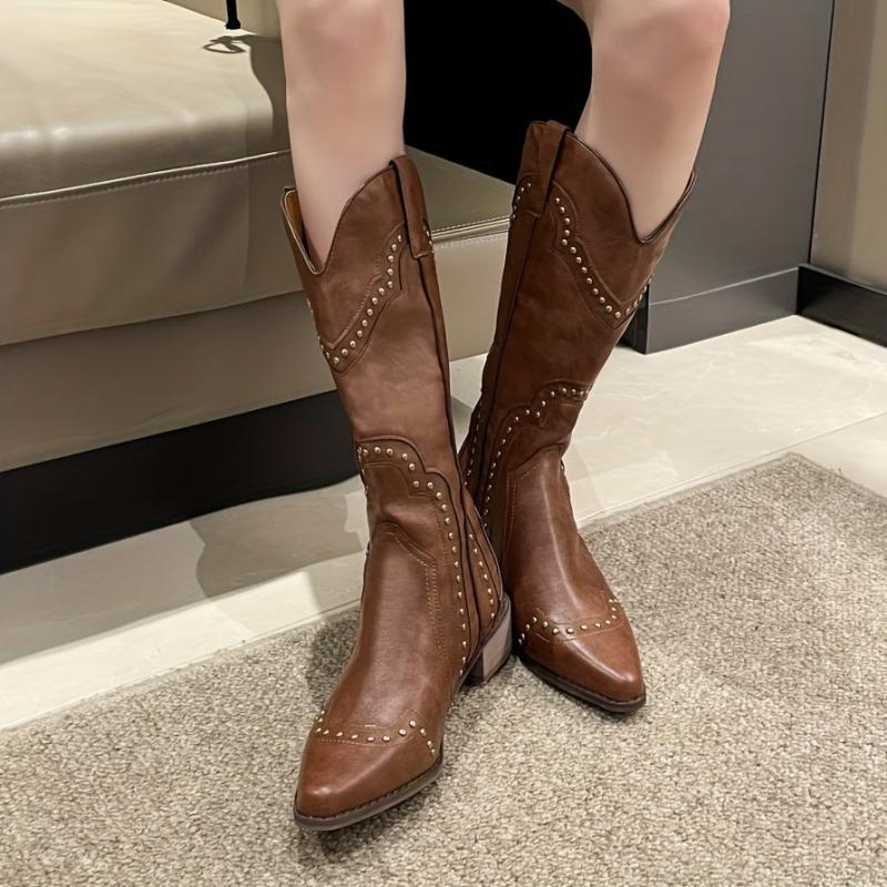 Women's Studded Western Boots Pointed Toe V cut Pull On Cowboy Boots