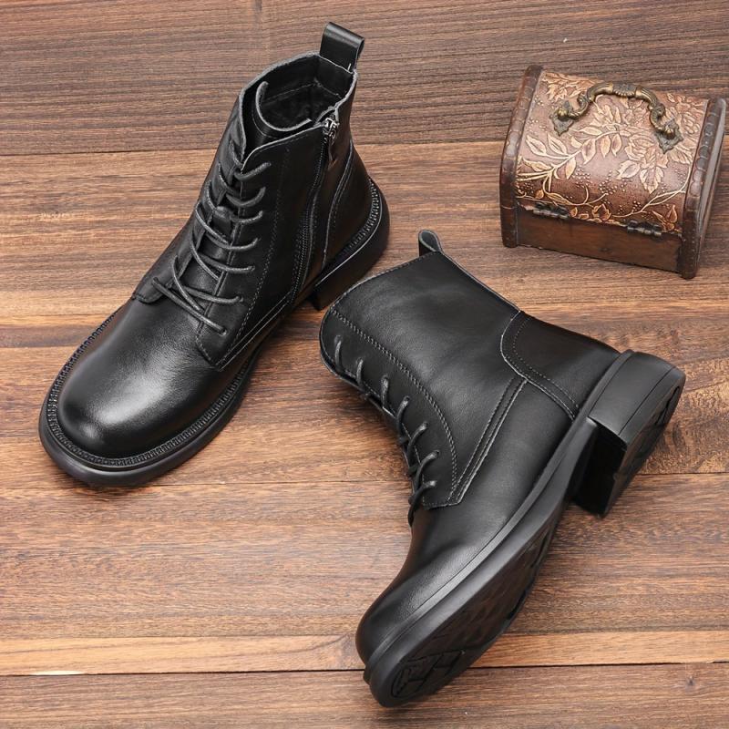Women's Lace Up Combat Boots Chunky Heel Side Zip Plush Lined
