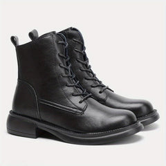Women's Lace Up Combat Boots Chunky Heel Side Zip Plush Lined