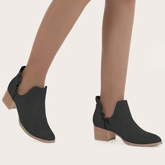 Women's Ruffle Cutout Ankle Boots, Chunky Stacked Heel Slip On