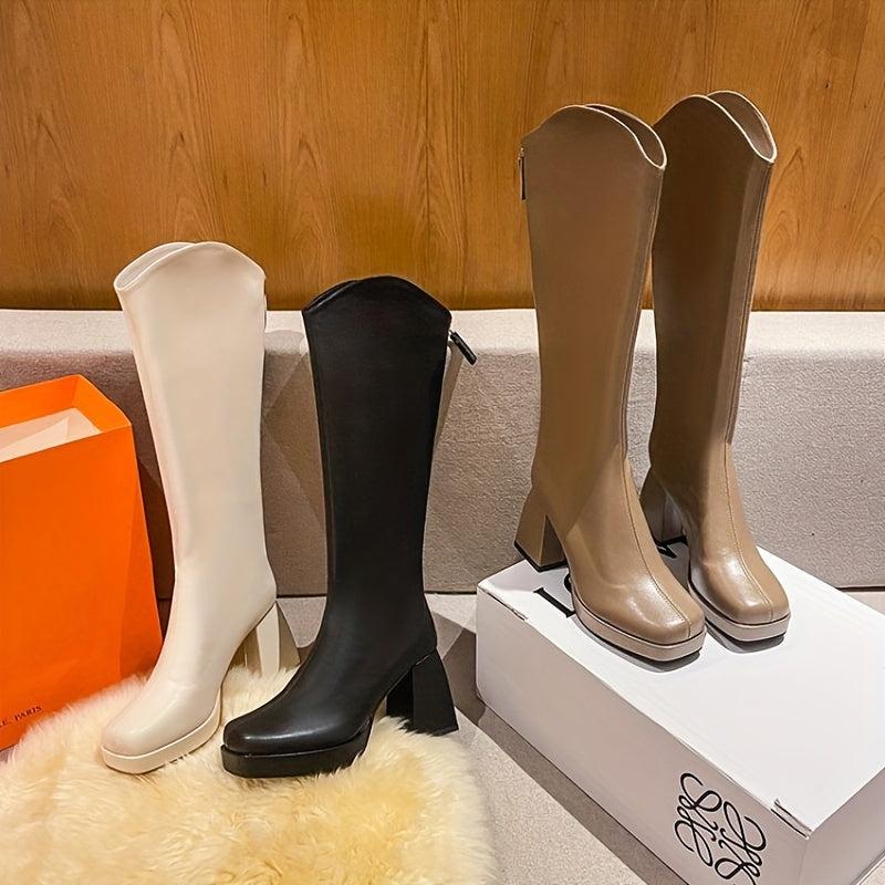 Women's Square Toe Block Heeled Boots Back Zip Dress Boots