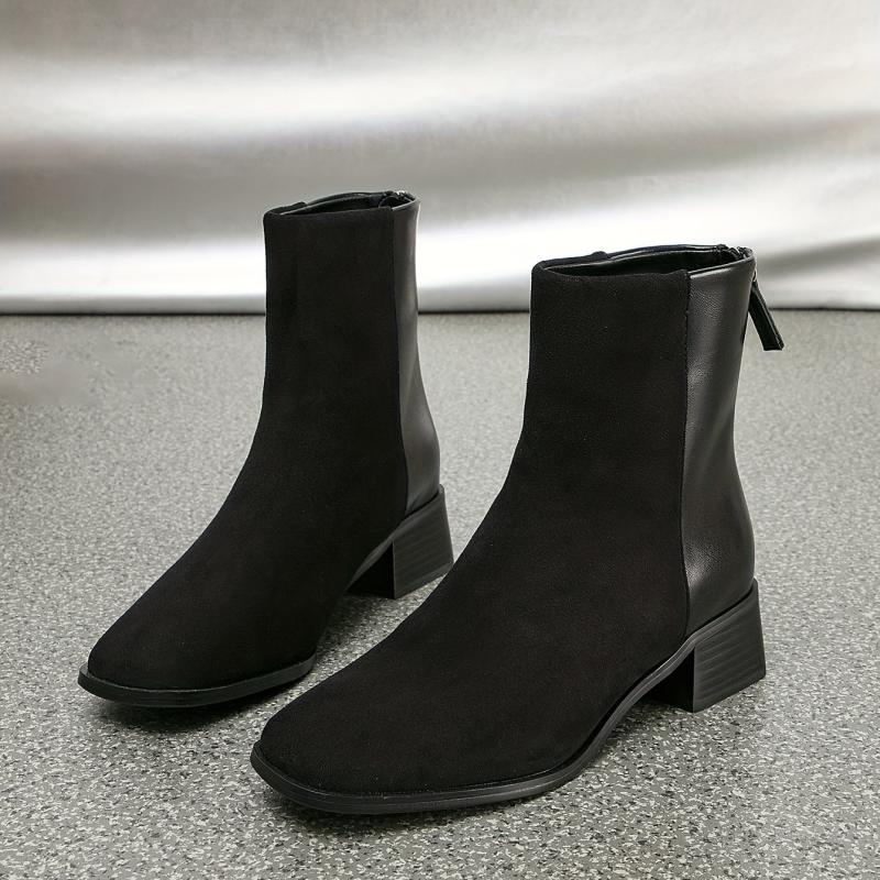 Solid Chunky Heel Short Boots Back Zipper Ankle Boots Women's Boots