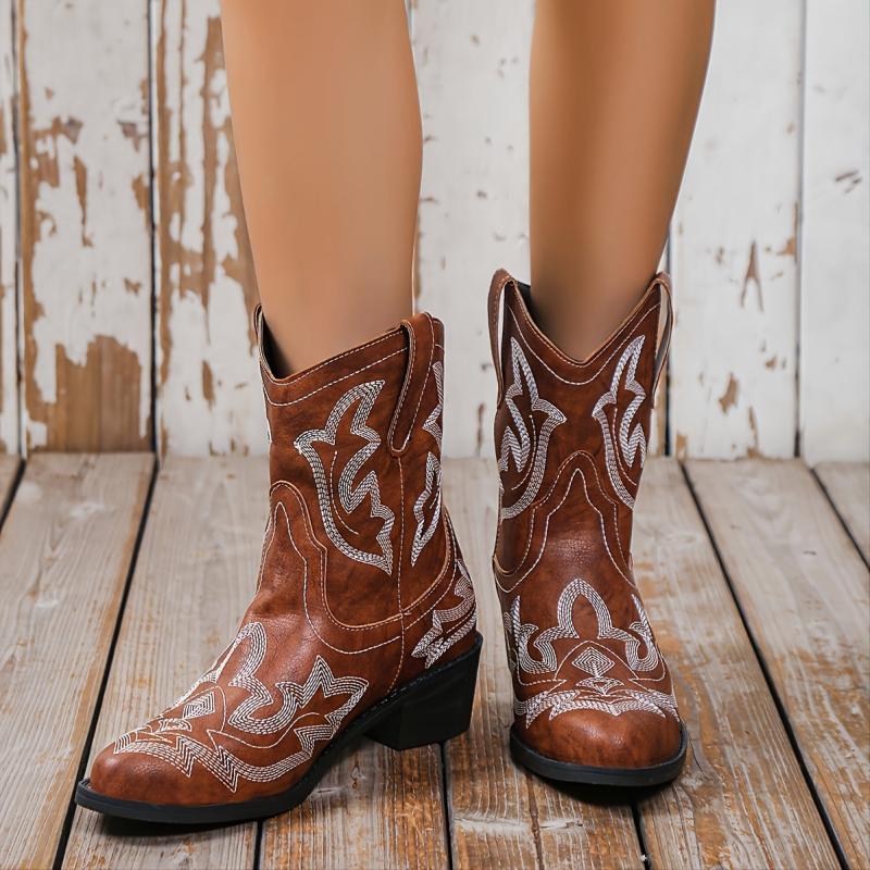 Embroidered Chunky Heel Western Cowboy Boots