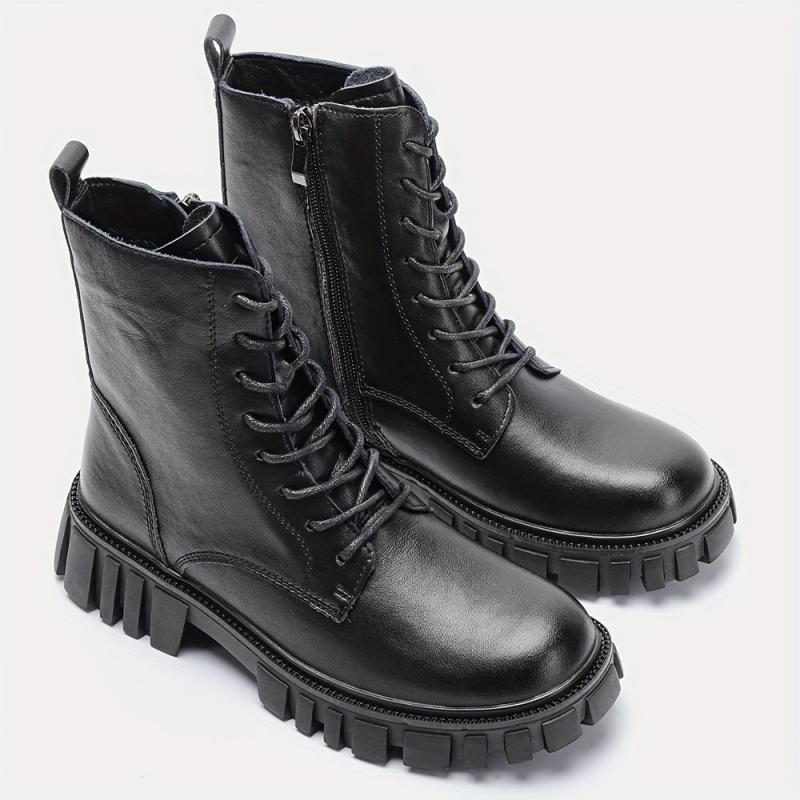 Women's Combat Boots Lace Up Chunky Heel Leather Side Zipper Boots