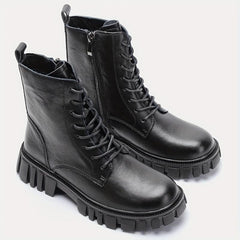 Women's Combat Boots Lace Up Chunky Heel Leather Side Zipper Boots