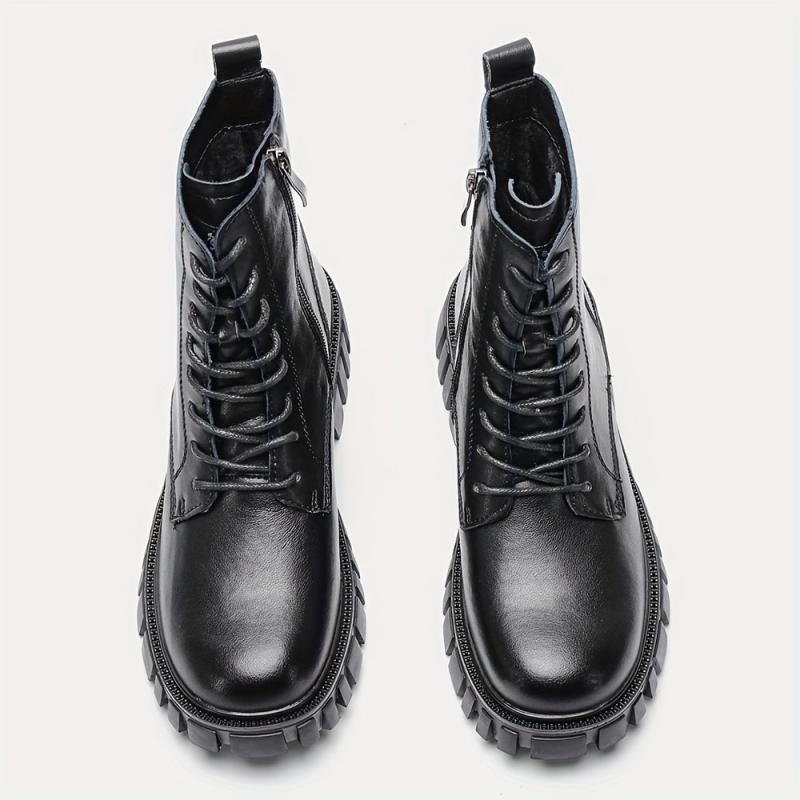 Women's Combat Boots Lace Up Chunky Heel Leather Side Zipper Boots