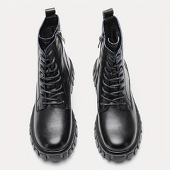 Women's Combat Boots Lace Up Chunky Heel Leather Side Zipper Boots