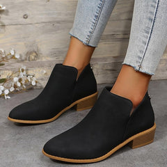 Chunky Heel Short Boots V cut Stacked Heel Back Zip Ankle Bootie