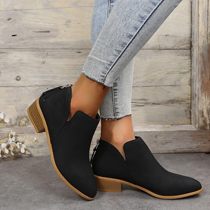 Chunky Heel Short Boots V cut Stacked Heel Back Zip Ankle Bootie