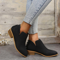 Chunky Heel Short Boots V cut Stacked Heel Back Zip Ankle Bootie