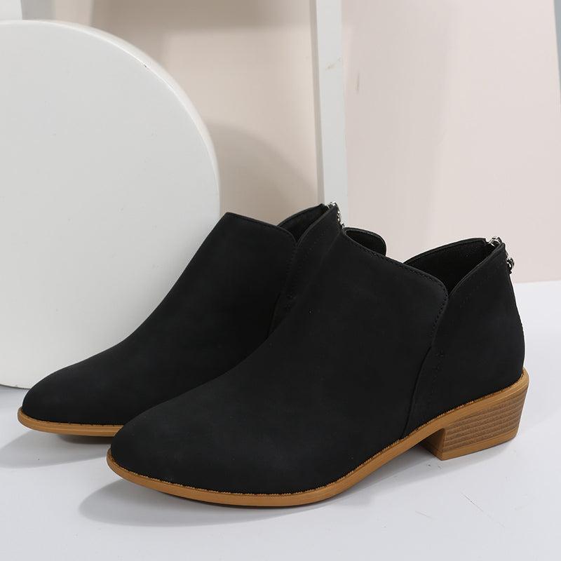 Chunky Heel Short Boots V cut Stacked Heel Back Zip Ankle Bootie