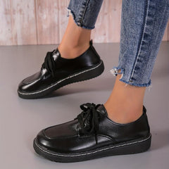 Women's Solid Flat Loafers Lace Up Low Round Toe Non slip Waterproof Shoes