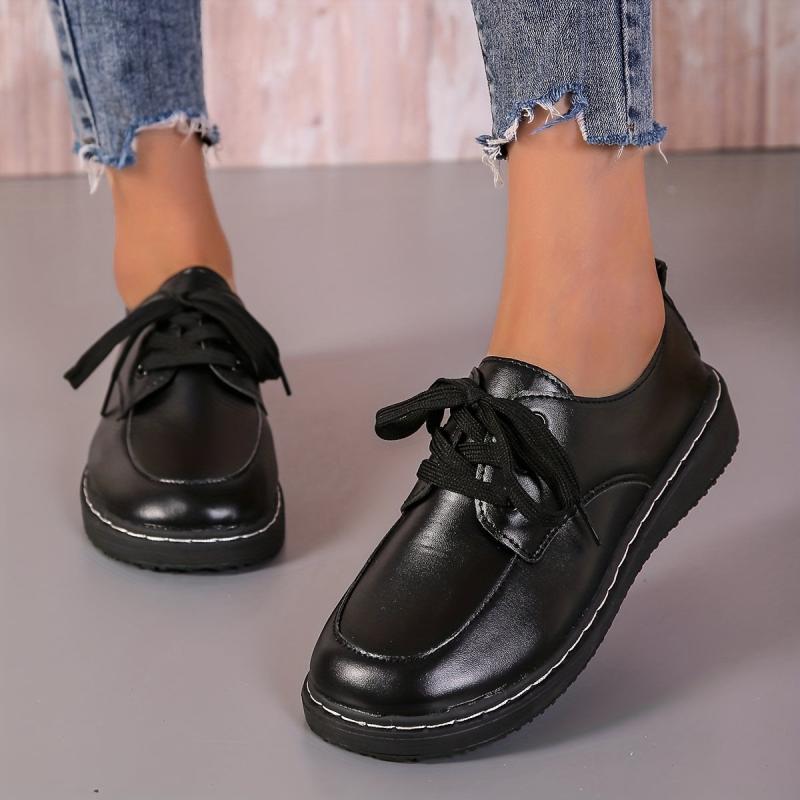Women's Solid Flat Loafers Lace Up Low Round Toe Non slip Waterproof Shoes
