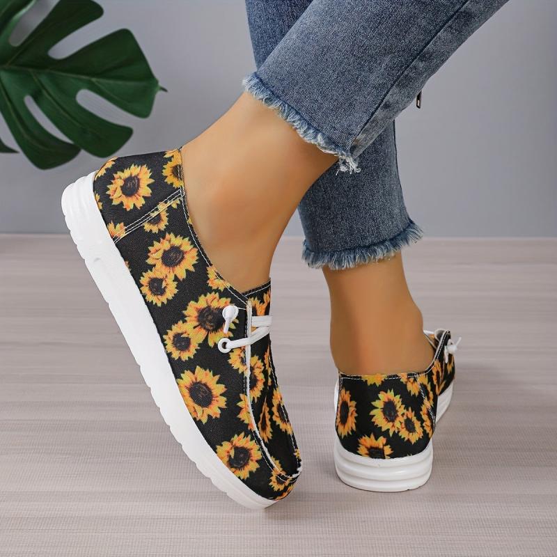 Women's Sunflower Print Canvas Shoes Casual Lace Up Lightweight Low Top Loafers