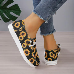 Women's Sunflower Print Canvas Shoes Casual Lace Up Lightweight Low Top Loafers