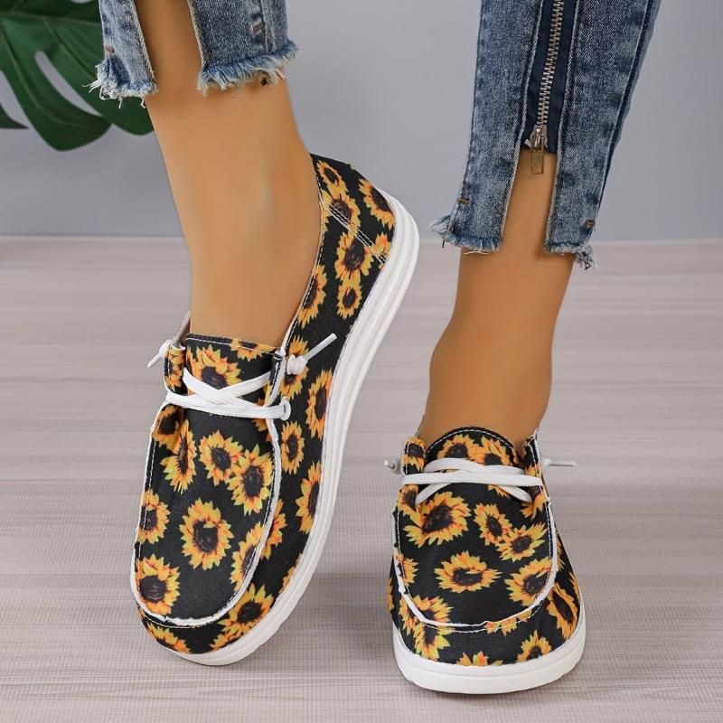 Women's Sunflower Print Canvas Shoes Casual Lace Up Lightweight Low Top Loafers
