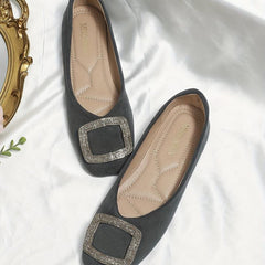 Women's Square Toe Ballet Flats with Rhinestone Buckle