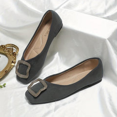 Women's Square Toe Ballet Flats with Rhinestone Buckle