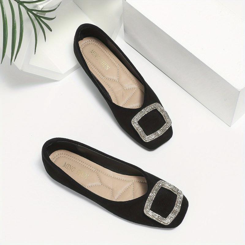 Women's Square Toe Ballet Flats with Rhinestone Buckle