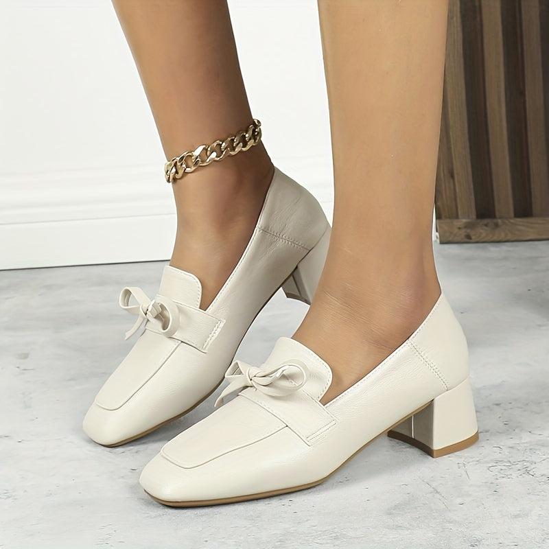 Chunky Heeled Loafers Square Toe Bowknot Slip On Shoes
