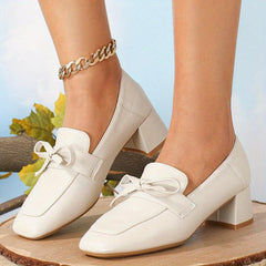 Chunky Heeled Loafers Square Toe Bowknot Slip On Shoes
