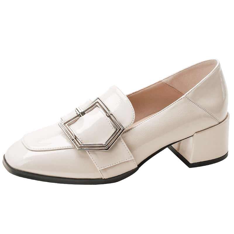 Women's Buckle Strap Block Mid Heels Loafers Square Toe British