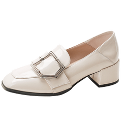 Women's Buckle Strap Block Mid Heels Loafers Square Toe British