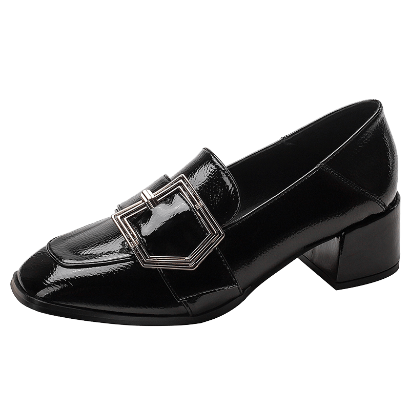 Women's Buckle Strap Block Mid Heels Loafers Square Toe British